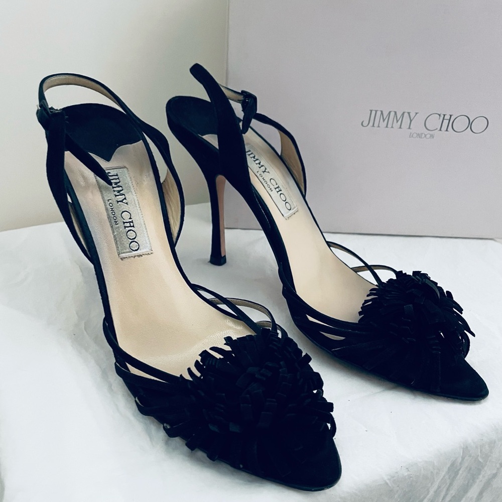 Authenticated Jimmy Choo Sling Back Open Toe Heels, Black Suede Size EU 39